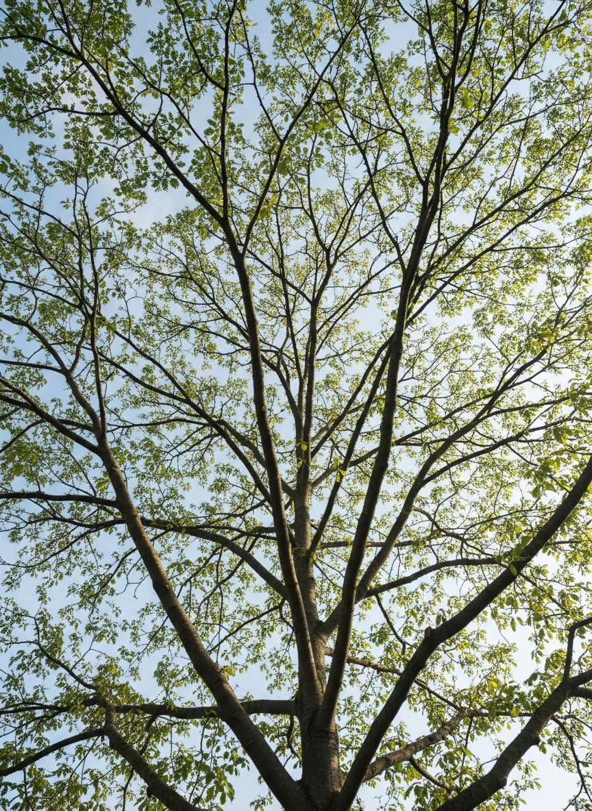 A carefully thinned tree crown viewed from below, showing a clean, airy branch structure against a pale blue Darmstadt sky. Slender, selectively pruned branches radiate outward with healthy clusters of green leaves at the tips, allowing dappled light to filter through. Small, precise pruning cuts with smooth, angled surfaces are visible near branch junctions, without any torn bark or stubs. Late morning sunlight creates a delicate interplay of light and shadow across the inner crown. Photographic realism, composed with the trunk entering from the lower edge and branches filling the frame in a natural, organized pattern. The mood is light, breathable, and harmonious, communicating expert crown thinning for tree health and safety.