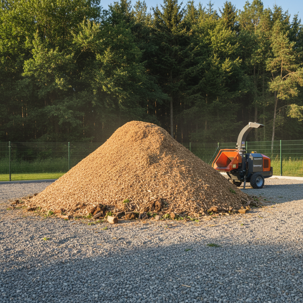An orderly woodchip recycling area featuring a large, conical pile of freshly chipped light-brown tree material beside a compact, modern chipper with its chute angled away. The chips vary in size, with visible fragments of bark and leaves, resting on a clean gravel surface. Surrounding the area is a low, green wire fence and a backdrop of mixed-species trees forming a dense, dark green wall. Late afternoon sunlight creates clear, crisp shadows and a warm tone over the chips, subtly highlighting their texture. Photographic realism, shot from a low, three-quarter angle with the chip pile dominating the foreground. The mood is responsible and environmentally conscious, emphasizing sustainable reuse of tree waste in professional Baumpflege.