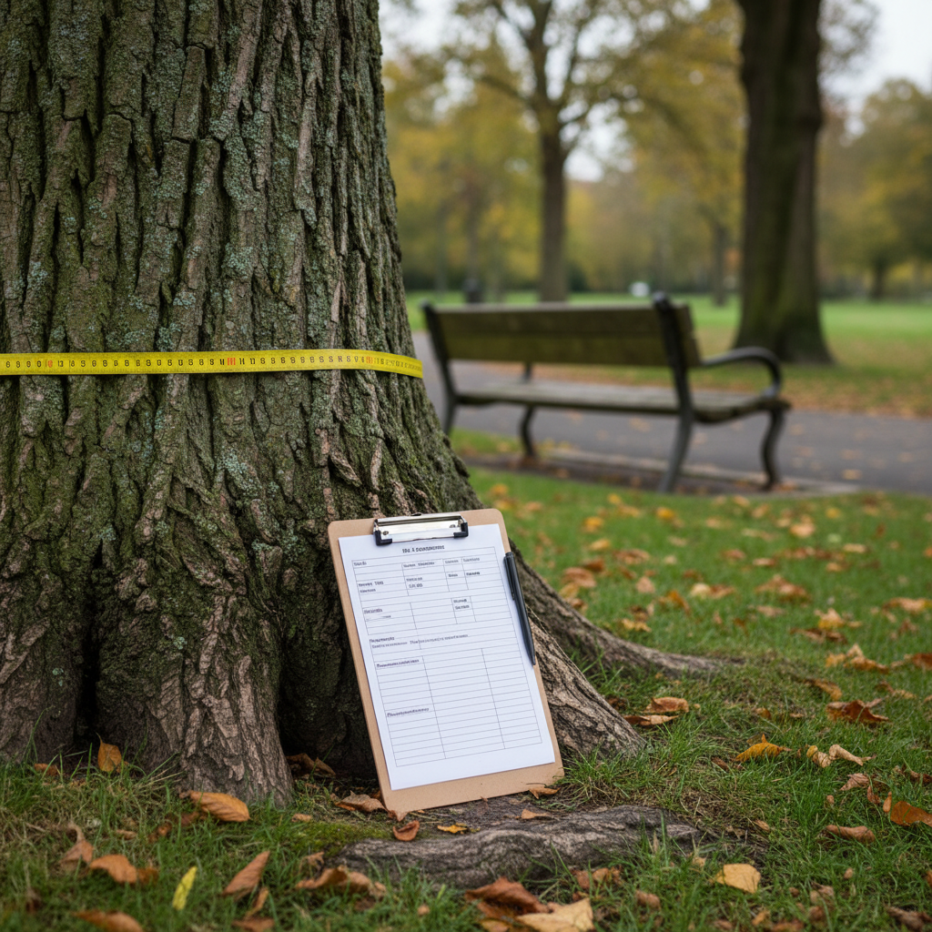 A meticulously documented tree inspection scene without people: a sturdy lime tree in a Darmstadt park, its trunk wrapped halfway with a flexible measuring tape, and a durable clipboard with a detailed tree assessment sheet resting against an exposed root. The bark shows natural ridges and occasional lichen patches, while the ground is covered in a mix of short grass and fallen leaves. In the softly blurred background, a simple park bench and a paved path curve away. Neutral, overcast daylight provides even, shadowless illumination. Photographic realism, slightly low-angle shot focusing sharply on the tape and clipboard, with gentle bokeh in the distance. The mood is precise and methodical, underlining professional tree risk assessment and monitoring.