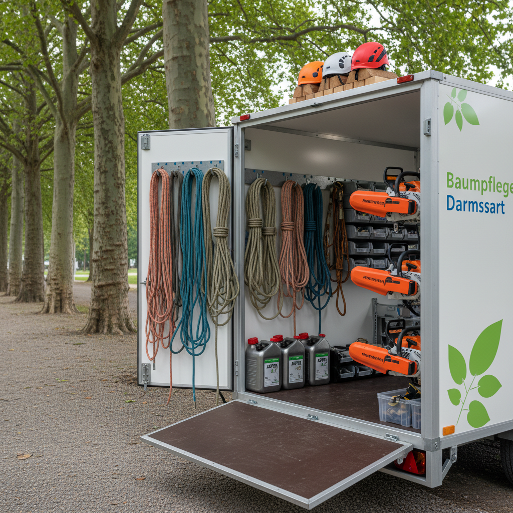 A bright, well-organized equipment trailer for a Darmstadt tree care company parked beside a stately line of plane trees. Neatly arranged climbing ropes in earthy greens and blues, clean chainsaws with protective covers, helmets resting on stacked wooden chocks, and labeled metal fuel cans are all visible through the open side. The trailer exterior is white with subtle green leaf graphics and the words “Baumpflege Darmstadt” clearly printed. Overcast daylight provides diffused, shadow-free lighting, enhancing a clean, professional appearance. Photographic realism, shot from a slightly elevated angle with sharp focus throughout. The mood is orderly, reliable, and safety-focused, showcasing the meticulous preparation and modern tools behind sustainable tree care services.