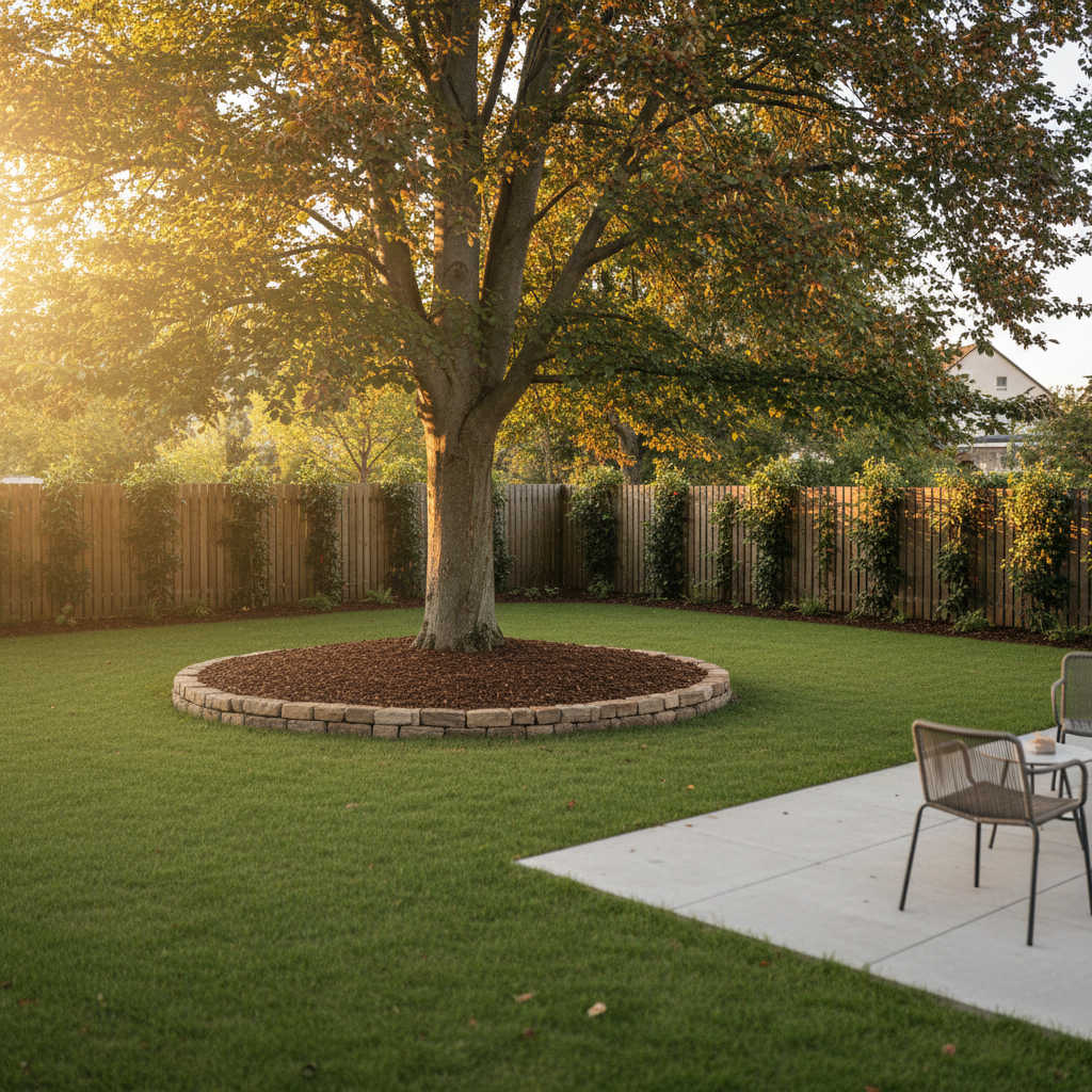 A serene backyard in Darmstadt with a single, tall beech tree standing at the center of a circular, freshly mulched bed, bordered by a narrow ring of natural stone. The lawn around it is neatly cut, and a low wooden fence with climbing ivy encloses the garden. At the edge of the image, a modern light-gray patio with simple outdoor furniture is softly out of focus. Warm golden hour sunlight streams from the side, creating long, soft shadows and a gentle glow on the smooth gray bark and copper-green leaves. Photographic realism, eye-level composition with rule-of-thirds framing. The mood is peaceful and cared-for, illustrating how professional tree maintenance enhances private gardens.