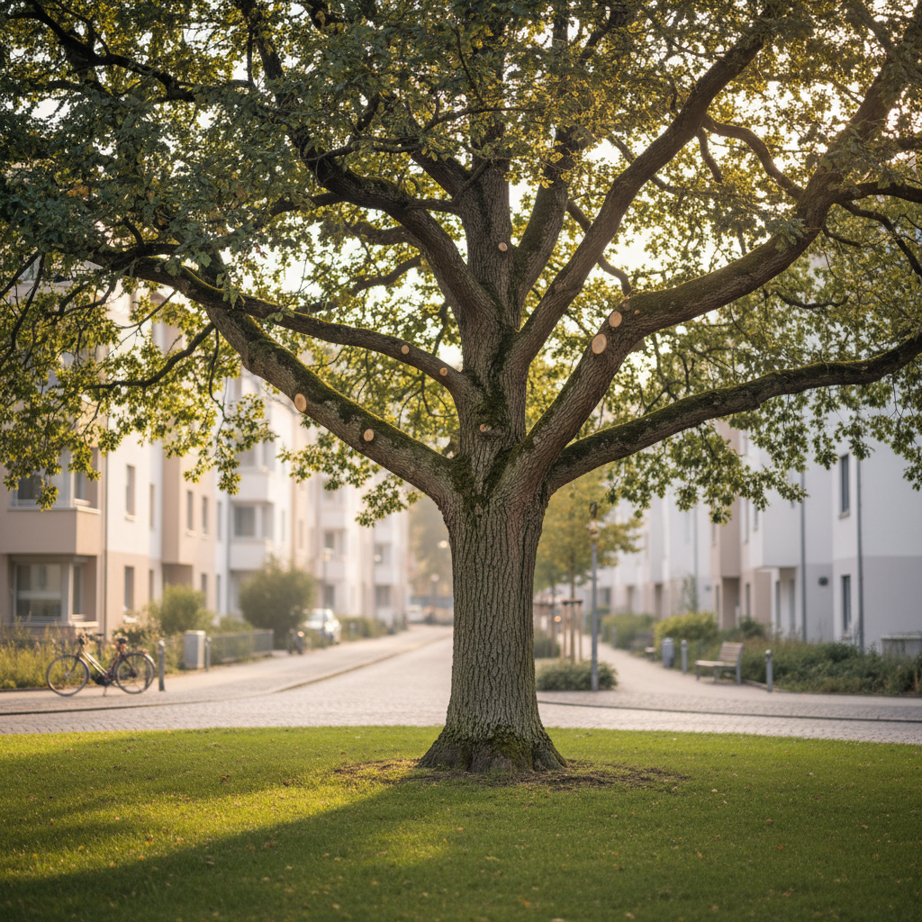 A healthy, mature oak tree with a broad, well-structured crown and evenly spaced branches, standing alone on a neatly maintained green lawn at the edge of a Darmstadt residential street. Fresh, precise pruning cuts are visible on select branches, the bark showing rich gray-brown texture and subtle moss patches. In the background, modern light-colored buildings and a cobblestone sidewalk are softly blurred. Late afternoon natural light creates gentle highlights on the leaves and casts a clean, elongated shadow on the grass. Photographic realism, eye-level composition with the tree centered, sharp focus on trunk and crown, slight background bokeh. The mood is professional, calm, and trustworthy, emphasizing expert, sustainable tree care in an urban environment.