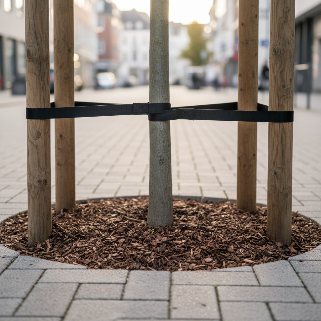 A close-up of a strong, carefully installed tree support system on a young street tree in Darmstadt. A straight, slender trunk with smooth light-gray bark is surrounded by three evenly spaced, natural wooden stakes connected by adjustable, soft black straps that protect the bark. Fresh mulch forms a tidy circle at the base, contrasting with the adjacent light-gray paving stones. Soft morning light filters between nearby buildings, creating subtle highlights on the straps and gentle shadows around the mulch ring. Photographic realism, captured at a slightly low angle with the trunk and support system in sharp focus and the background softly blurred. The mood is attentive and nurturing, emphasizing sustainable establishment of urban trees.